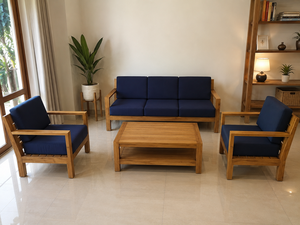 Ensemble de salon de jardin en teck Japandi moderne, canapé 3 places, 2 fauteuils et table basse à 2 niveaux - Product Image 2