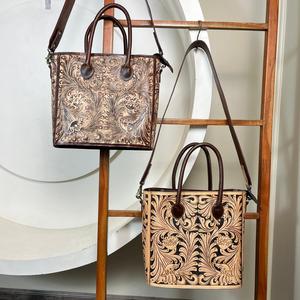Vente en gros de sac fourre-tout en cuir à motif floral de grande capacité personnalisé outillé à la main sacs à main de haute qualité à la mode sac à bandoulière de luxe pour femmes - Product Image 4