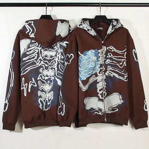 Sweat à capuche zippé surdimensionné gothique personnalisé brodé avec imprimé squelette intégral et motif crâne flamboyant en molleton 100% coton - Product Image 4
