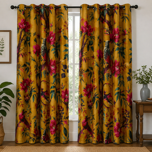 Vintage Style Velvet <b>Curtain</b> Golden Mustard Bird of Paradise Print Custom Size High quality cotton velvet <b>for</b> your Home decor - Product Image 1