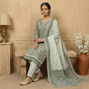 White Grey Floral Cotton Sarong Kurti <b>Pyjama</b> Set | High Quality Hand Block Print Women Resort Wear | Ethnic Casual Lounge Wear - Product Image 2