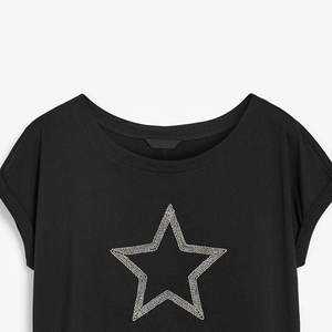 Women's Black T-Shirt With Glitter Star Print Short Sleeve O-Neck Casual Loose Fit Jersey Cotton <b>Top</b> - Product Image 3