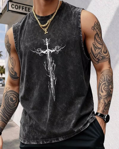 Men's Olive Green Sleeveless Tank Top with White Sword Print O-Neck Washed Cotton Summer Breathable Quick Dry Casual Wear - Product Image 3