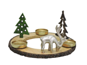 Artesign Modern Durable Christmas Advent Wreath Candle <b>Holder</b> with Nickel Aluminium Reindeer Gold Trees on Wooden <b>Log</b> Base - Product Image 2