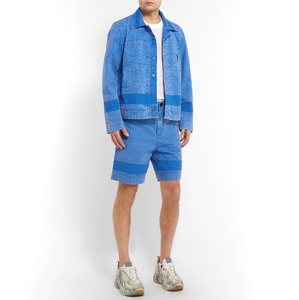 <b>mens</b> blue acid wash cotton shorts vertical line stitching contrast stripe regular fit high waist classic five pocket styling - Product Image 1