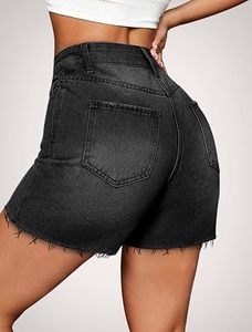 Shorts de mezclilla rasgados de cintura alta para mujer, estilo casual, negros, desgastados, de moda de verano, de color liso con dobladillo deshilachado - Product Image 4