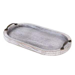 Plateau de service ovale en bois blanc vieilli avec poignées métalliques, plateau rustique pour le petit-déjeuner, pour table basse, cuisine, décoration de salle à manger - Product Image 2