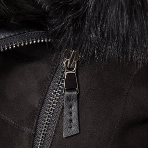 Outerwear Women's <b>Black</b> Suede Asymmetric Zipper Coat With Fur Trim Hood And Cuffs Winter Windproof Full Sleeve <b>Jacket</b> - Product Image 6