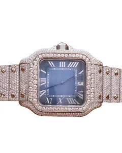 Montre de luxe classique à quartz avec cadran romain et bleu, entièrement sertie de diamants VVS carrés en moissanite, style hip-hop, haute qualité - Product Image 1