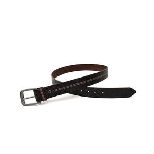 Ceinture décontractée pour homme en cuir véritable, boucle à ardillon en acier rectangulaire, double couture, couleur unie, durable - Product Image 1