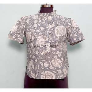 Blusa Casual de Verano para Oficina, Diseño Floral Bohemio, 100% Algodón Puro, Tejido con Estampado Indio, Ecológica y Transpirable - Product Image 1