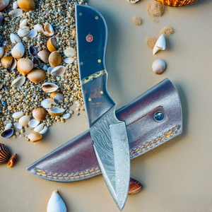 Cuchillo de bolsillo de acero de Damasco para camping, hoja recta con punta de clip, mango de cuero, apertura deslizante, 0.5mm de grosor, grado DIY, OEM/ODM - Product Image 2