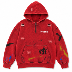Wholesale Acid Wash Half Zip Hoodies Custom Logo <b>Paint</b> Splash Streetwear Half Zipper Kangaroo Pocket OEM ODM Hooded Sweatshirt - Product Image 1