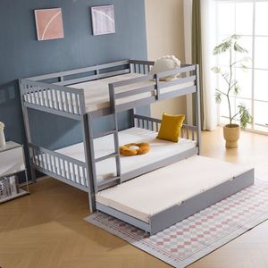 Letto a Castello in Legno di Pino dal Design Moderno con Letto Estraibile, Scala e Sponde di Sicurezza, Grigio, Misura Queen per Camera da Letto - Product Image 6