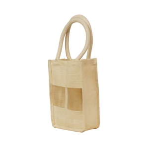 Eco-Friendly Eco Natural Jute 2 Bottle Wine <b>Tote</b> <b>Bag</b> <b>Clear</b> Front Transparent Window Padded Handle Gift Carrier Wholesale - Product Image 2