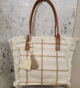 Artisanal Hand-Woven Cotton Canvas <b>Shoulder</b> Bag with Vegan Leather <b>Straps</b> - Product Image 2