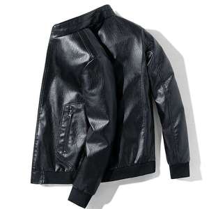 <b>Men's</b> Black PU Leather Moto <b>Jacket</b> Stand Collar Zipper Closure Regular Length Solid Color Autumn Wear - Product Image 1