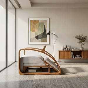 Sillón de Madera de Teca Sólida, Diseño Curvo Orgánico Moderno, Sillón para Sala de Estar Tapizado en Crema, Muebles para Descanso - Product Image 2