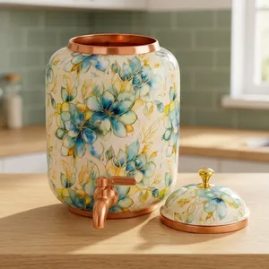 Floral Printed Copper Water <b>Dispenser</b> <b>with</b> <b>Tap</b> and Lid Blue Gold Finish Decorative Water Storage Container - Product Image 5