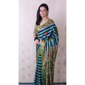 Sari indien élégant pour enfants, en soie Tussar douce bleu aqua, rayé, imprimé traditionnel, tissé Zari, de la marque Elite Weaves - Product Image 2