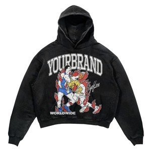Sweat à capuche pour homme en molleton de coton et polyester 420 GSM, délavé à l'acide, noir, épais, avec logo personnalisé imprimé en silicone et sérigraphie - Product Image 6