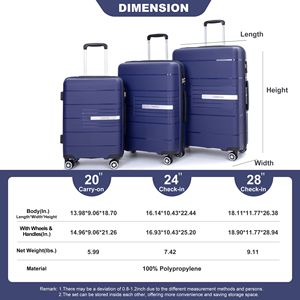 Set da 3 pezzi Navy da 3 pezzi (20/24/28) rigida doppia Spinner valigia con lucchetto leggero e resistente Set 3 pezzi - Product Image 3
