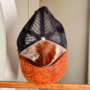 Nouvelle casquette de camionneur en cuir de vachette occidental avec chapeau de dos en maille réglable en cuir taillé à la main pour rodéo et style campagnard - Product Image 4