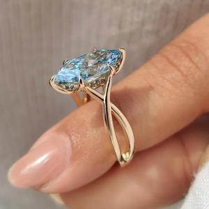 Anillo de compromiso de diamante azul holandés talla marquesa con banda de tallo dividido, anillo llamativo de oro macizo, joyería nupcial única, regalo de lujo - Product Image 3