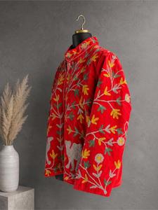 Ethnic Red Velvet Embroidered Jacket With Floral And Camel Pattern Full Sleeve <b>Stand</b> Collar Handmade Women's Winter <b>Coat</b> - Product Image 5