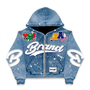 Ensembles de survêtements pour hommes très demandés, comprenant des sweats à capuche zippés épais, vintage, avec patchs et effet pierre, et des pantalons de survêtement à jambe droite, style bling et effet vieilli - Product Image 4