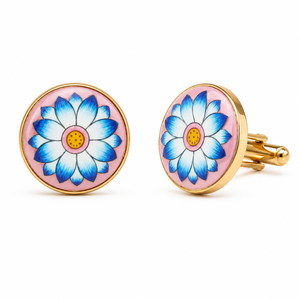 Handmade Enamel Brass Cufflinks Pink & Blue Lotus Floral Design Gold Tone Finish for Men's Formal & Wedding Wear Rajasthan - Product Image 1
