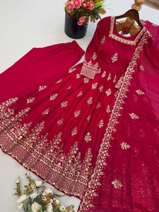 Robe Anarkali rouge brodée longue avec dupatta, tenue traditionnelle indienne et pakistanaise pour mariage, coupe ample pour femme - Product Image 6