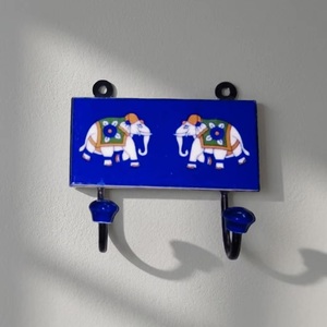 Beads Art Vintage Rustic Blue Elephant Tile Cast Iron Ceramic Eco-Friendly Adjustable Multifunction Wall Mounted <b>Hooks</b> <b>Rails</b> - Product Image 1