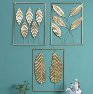 Modern Gold Plated <b>Leaf</b> <b>Wall</b> Art Set Rectangular Metal Frame <b>Decorative</b> Home <b>Decoration</b> Glam Style Multi Piece Package - Product Image 1