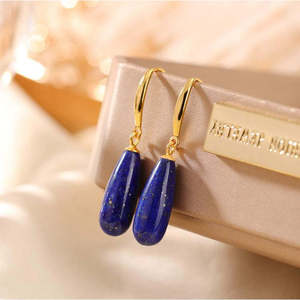 Boucles d'oreilles pendantes en argent pur plaqué or avec lapis-lazuli naturel en forme de goutte d'eau géométrique exquise – Cadeau - Product Image 2