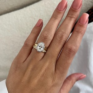 2 Carat E VVS2 Oval Lab Diamond Thick Bezel-Prong Set Cathedral Flush Fit <b>Engagement</b> <b>Ring</b> Set, <b>UNIQUE</b> Bridal Set - Product Image 4