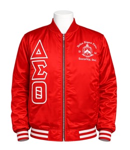 Chaqueta Bomber Roja de Alta Calidad con Cremallera Delta/Sigma/Theta, Letras Griegas de Hermandad, Acolchado y Forro Interior de Satén - Product Image 1