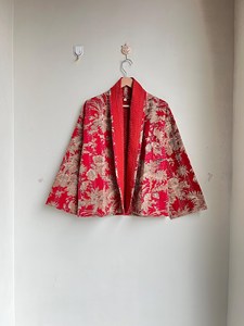 Handmade <b>Kantha</b> Quilted Kimono <b>Jacket</b> Floral Print Cotton Thick Reversible Eco-Friendly Summer/Winter/Spring - Product Image 4