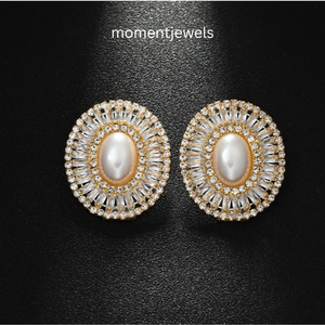 Boucles d'oreilles ovales à clip en perles, zircon et diamants, couleur or rose, bijoux rétro en laiton plaqué argent pour mariage et fête - Product Image 2