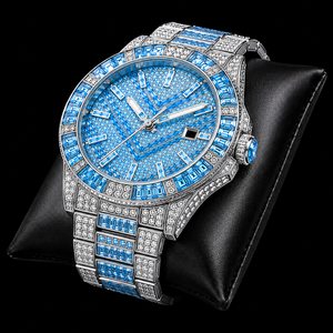 Reloj de Lujo para Hombre con Diamantes Azules y Esfera de Piedras Baguette, Correa Plateada, Diseño de Moda - Product Image 2