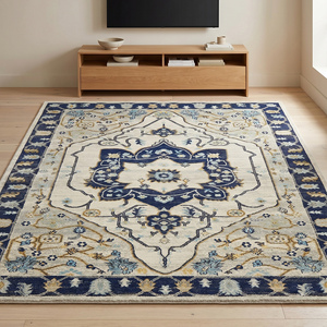 Alfombra de Lana Anudada a Mano Multicolor de Lujo, Diseño Tradicional con Medallón Floral, Alfombra Suave Anudada Plana para Sala de Estar - Product Image 1