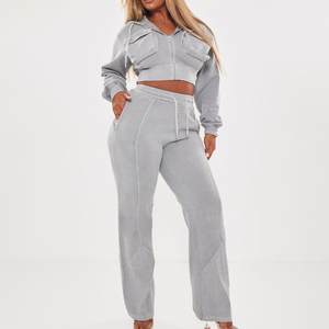 Women's Custom Acid Wash Tracksuit <b>Zip</b> <b>Up</b> Hoodie Jogger Set Oversized Patch Embroidery <b>Crop</b> Top Streetwear Outfit - Product Image 1