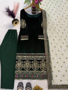 Indian Pakistani Traditional Women's Pure Velvet Patiyala Kurta Set Embroidered Sleeves Cotton Inner Stitched Pant Butterfly Net - Product Image 6