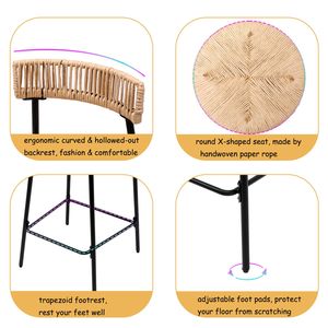 Set di 2 Sgabelli da Bar Neri Intrecciati a Mano con Schienale in Corda di Carta, Sgabelli Rotondi con Poggiapiedi per Isola Cucina e Sale da Pranzo - Product Image 4