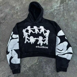 Hoodie graphique personnalisé coupe courte délavé à l'acide avec manches à appliqué en relief, en mélange de coton épais, imprimé en relief personnalisé - Product Image 2