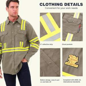 ZUNEZI ZI-7087 Respirador Transpirable de Alta Visibilidad con Certificación de Protección Contra Incendios, Manga Larga, Color Azul Marino/Caqui, 100% Algodón Twill - Product Image 3