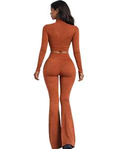 Conjunto de yoga de dos piezas para mujer, color marrón óxido, top corto con cremallera y pantalones acampanados de cintura alta, ropa elástica para gimnasio, fabricante personalizado OEM - Product Image 3