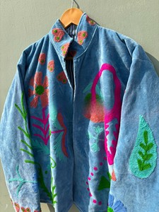 Handcrafted Luxurious Ice Blue Velvet <b>Jacket</b> for Women Suzani Hand Embroidery Floral Patchwork Winter Coat Short Kimono <b>Jacket</b> - Product Image 5