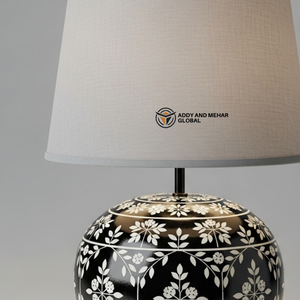 Luxury <b>Black</b> Bone Inlay <b>Table</b> Lantern with Floral Pattern Handcrafted Decorative <b>Bedside</b> Lamp with Fabric Shade for Home - Product Image 4
