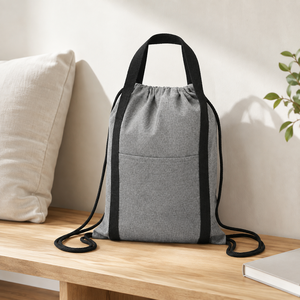 Recycled Cotton <b>Drawstring</b> <b>Backpack</b> 225 GSM Grey Front Pocket Carry Handle Custom Logo Wholesale OEM Private Label Manufacturer - Product Image 6